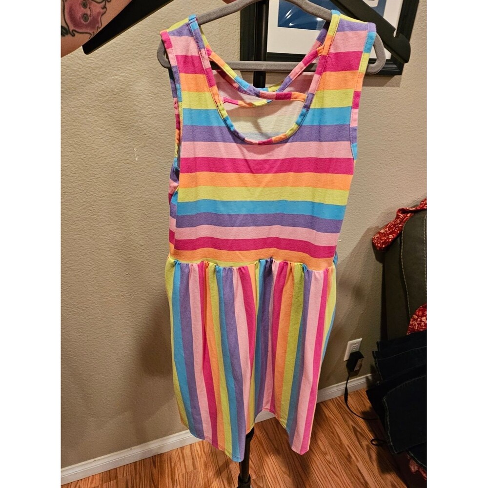 Place Girls' Rainbow Stripe Sleeveless Dress - Pink, Yellow, Blue, Purple